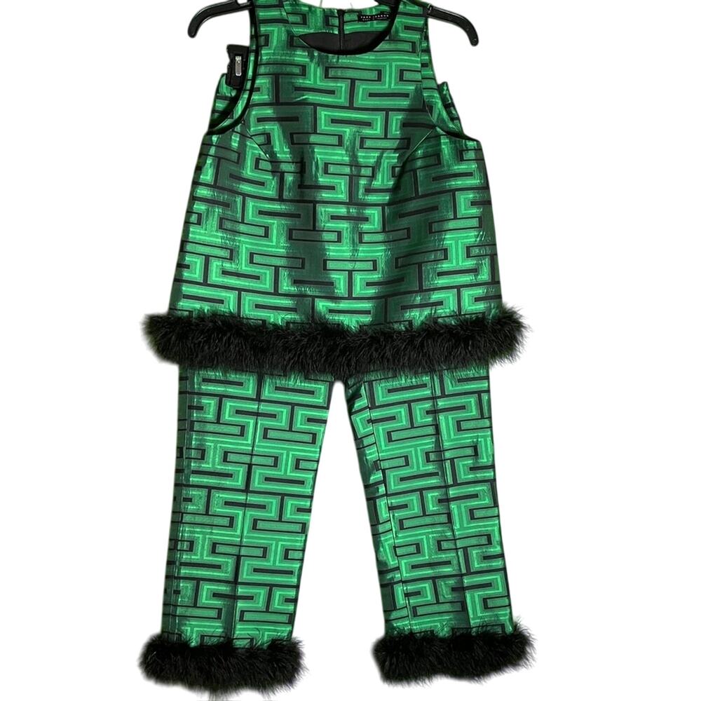 Tara Jarmon Presley Woven Graphic Straight Leg Feather Trim Pants Set Size 4 - Picture 4 of 6